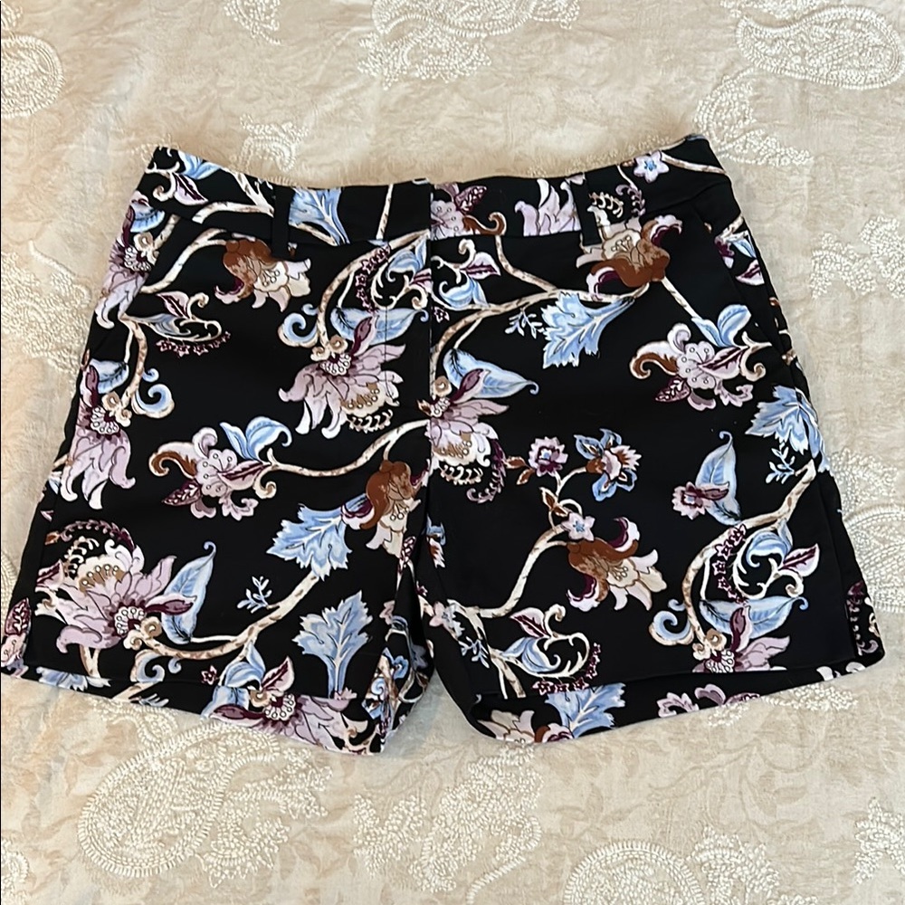 White House Black Market Bermuda Shorts Black and Blue Floral Elegance